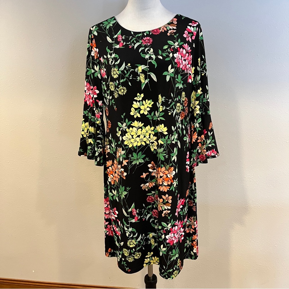 Tommy Hilfiger long bell sleeves stretchy a-line mini floral Black Dress size 12